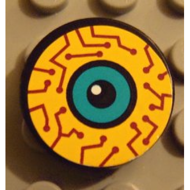 black tile round 2 x 2 with yellow purple circuits dark turquoise eye pattern sticker - set 8245