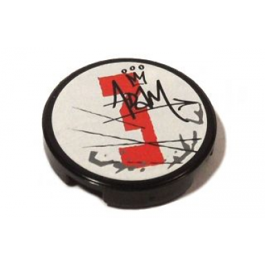 black tile round 2 x 2 with red number 3 dark bluish gray splotches and black scratches crown and graffiti adam pattern model left side sticker - set 5973
