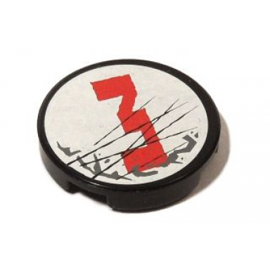 black tile round 2 x 2 with red number 3 dark bluish gray splotches and black scratches pattern model right side sticker - set 5973