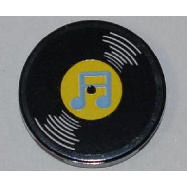 black tile round 2 x 2 with vinyl record with yellow center and medium blue musical notes pattern sticker - set 3818