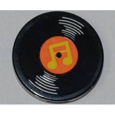 black tile round 2 x 2 with vinyl record with orange center and yellow musical notes pattern sticker - set 3818