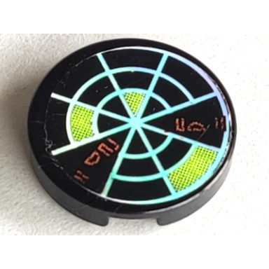 black tile round 2 x 2 with iridescent mirrored radar type 3 pattern sticker - sets 7645 7646 7649