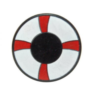 black tile round 2 x 2 with red and white life preserver curved bands pattern