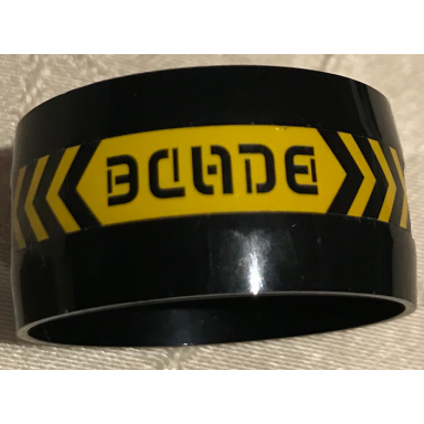 black cylinder 4 x 4 x 1 2 3 with pin holes and center bar with stylized blade and black and yellow danger chevrons pattern sticker - set 70596