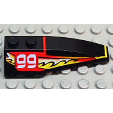 black wedge 6 x 2 right with stylized white 99 on red background yellow flames pattern