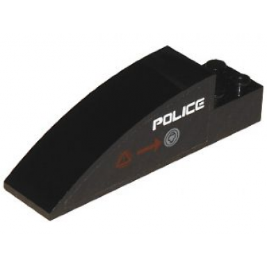 black slope curved 8 x 2 x 2 with 4 recessed studs with police and danger triangle pattern on left side sticker - set 5974
