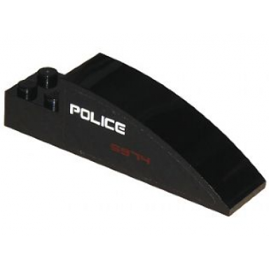 black slope curved 8 x 2 x 2 with 4 recessed studs with police and 5974 pattern on right side sticker - set 5974