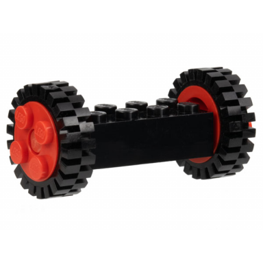 black brick modified 2 x 4 with red wheels freestyle and red pins with 2 black tire 24mm d x 8mm offset tread - interior ridges 4180c02 3483