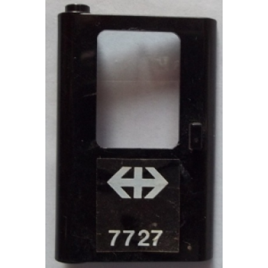 black door 1 x 4 x 5 train left thin support at bottom with white double arrow swiss federal railways and 7727 pattern sticker - set 7727