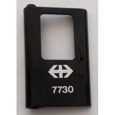 black door 1 x 4 x 5 train left thin support at bottom with white double arrow swiss federal railways and 7730 pattern sticker - set 7730