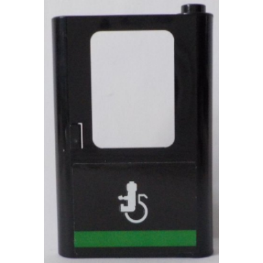 black door 1 x 4 x 5 train right thin support at bottom with minifigure in wheelchair and green horizontal line pattern sticker - set 60154