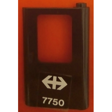 black door 1 x 4 x 5 train right thin support at bottom with white double arrow swiss federal railways and 7750 pattern sticker - set 7750