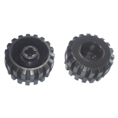 black wheel small wide hard plastic tread hole notched for wheels holder pin