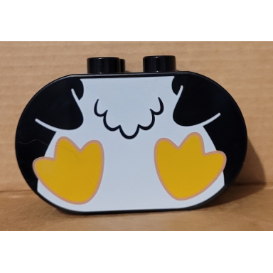 black duplo brick 2 x 4 x 2 rounded ends with penguin flippers and legs pattern