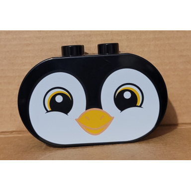 black duplo brick 2 x 4 x 2 rounded ends with penguin face pattern