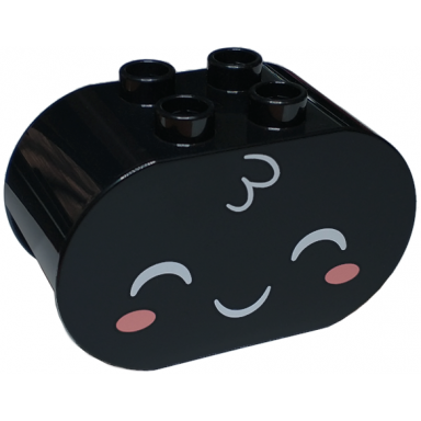 black duplo brick 2 x 4 x 2 rounded ends with closed white eyes tuft of hair coral cheeks and closed mouth smile pattern