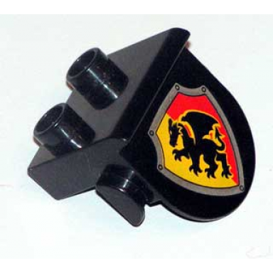 black duplo plate 1 x 2 with overhang with dragon on red and yellow shield pattern
