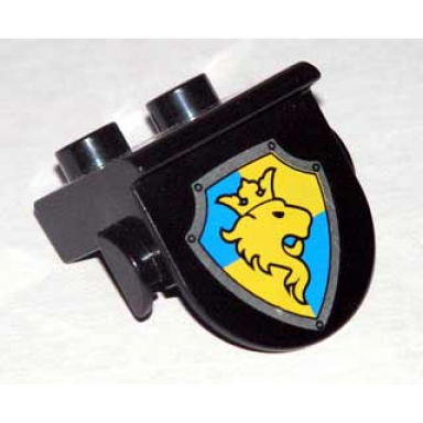 black duplo plate 1 x 2 with overhang with lion and crown on yellow and blue shield pattern