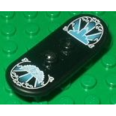 black minifigure utensil skateboard deck with medium blue and white city skyline pattern