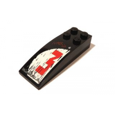 black slope curved 6 x 2 with red 3 and gray scratches over white semicircle pattern sticker - set 5973
