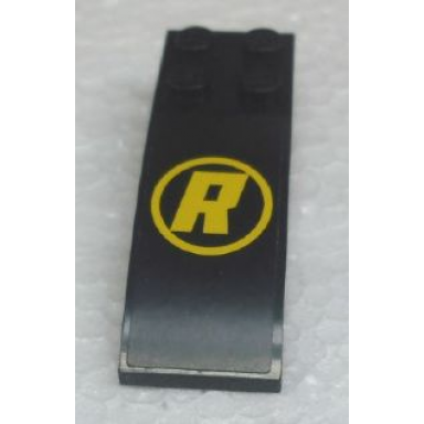 black slope curved 6 x 2 with yellow r in yellow circle pattern sticker - set 8161