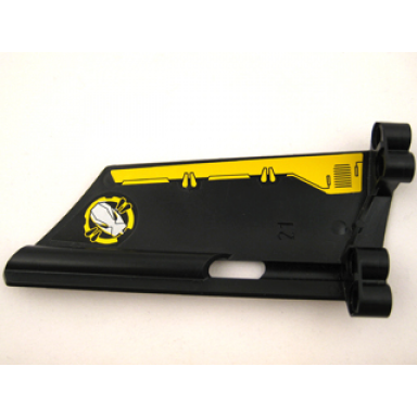 black technic panel fairing 21 large long small hole side b with yellow border and yellow circle and silver robot head pattern on inside stickers - set 8105