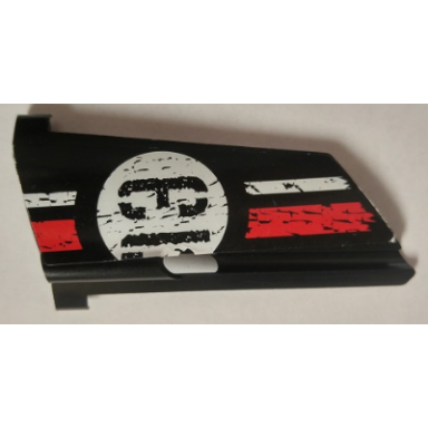 black technic panel fairing 21 large long small hole side b with 13 in circle over red and white stripe pattern sticker - set 8140