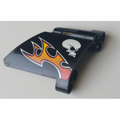 black technic panel fairing 22 large short small hole side a with skull and orange flames pattern sticker - set 8167