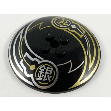 black dish 6 x 6 inverted radar - solid studs with silver and gold lines and chinese logogram é and é silver gold pattern
