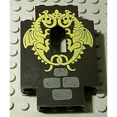 black panel 2 x 5 x 6 wall with window with 2 yellow dragons pattern
