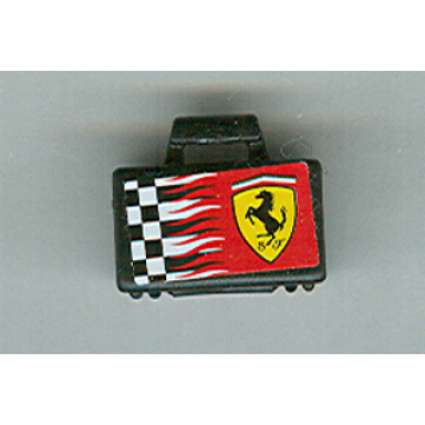 black minifigure utensil briefcase with checkered ferrari logo pattern on both sides stickers