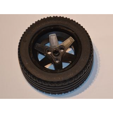 black wheel 56mm d x 34mm technic racing medium 3 pin holes with black tire 81.6 x 36 r technic straight tread 44772 x1825
