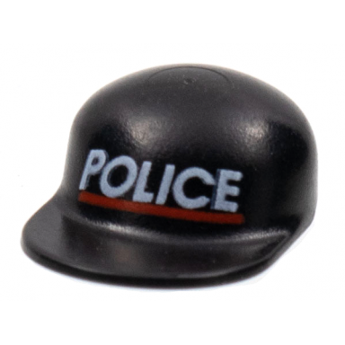 black minifigure headgear cap - long flat bill with white police and red line pattern