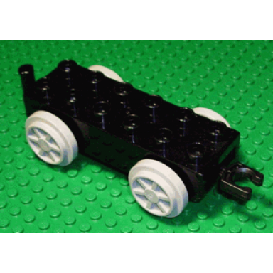black duplo train base 2 x 6 with light bluish gray train wheels and movable hook