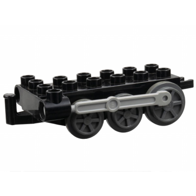 black duplo train steam engine chassis with light bluish gray drive rod dark bluish gray wheels and black tow hook