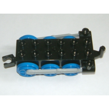 black duplo train steam engine chassis with light bluish gray drive rod blue wheels and black tow hook