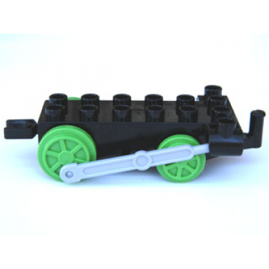 black duplo train steam engine chassis with light bluish gray drive rod 4 bright green wheels and black tow hook