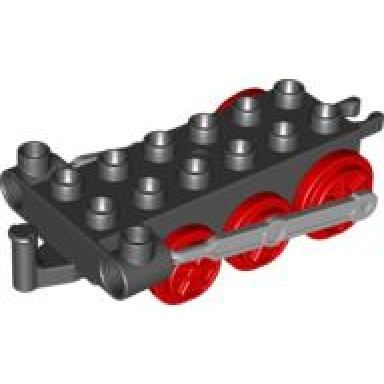 black duplo train steam engine chassis with light bluish gray drive rod red wheels and black tow hook