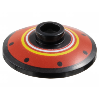 black dish 2 x 2 inverted radar with black dots and white and yellow rings on red background pattern