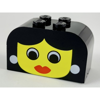 black slope curved 4 x 2 x 2 double with 4 studs with yellow face with eyes and red lips white earrings pattern