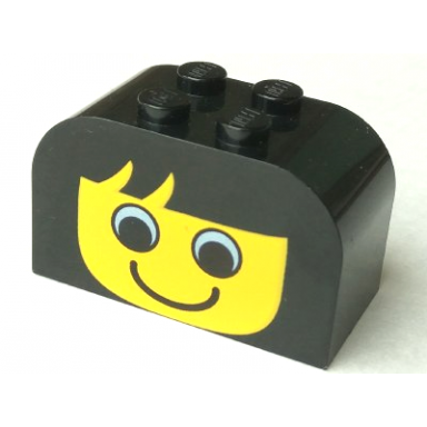 black slope curved 4 x 2 x 2 double with 4 studs with yellow face with eyes and smile pattern