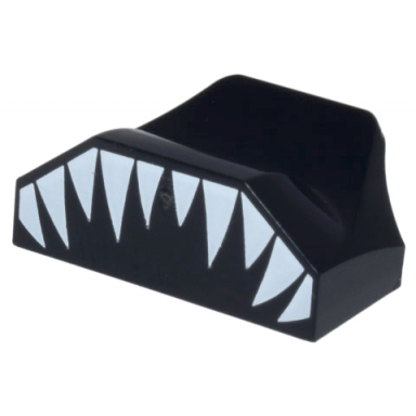 black slope curved 1 x 2 x 2 3 wing end with white pointed teeth pattern