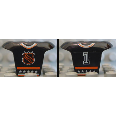 black minifigure hockey body armor with orange and white nhl logo stars stripes collar and number 1 pattern