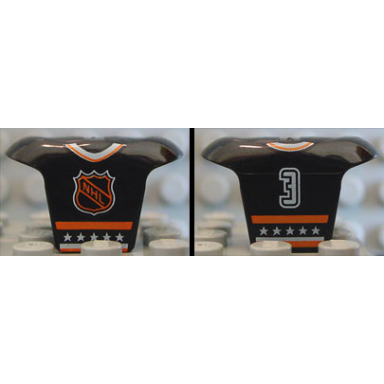 black minifigure hockey body armor with orange and white nhl logo stars stripes collar and number 3 pattern