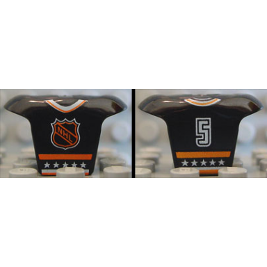 black minifigure hockey body armor with orange and white nhl logo stars stripes collar and number 5 pattern