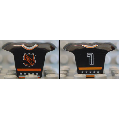black minifigure hockey body armor with orange and white nhl logo stars stripes collar and number 7 pattern