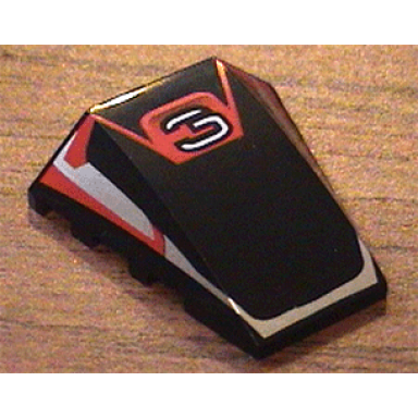 black wedge 4 x 4 triple curved no studs with stylized white number 3 red and silver stripes pattern