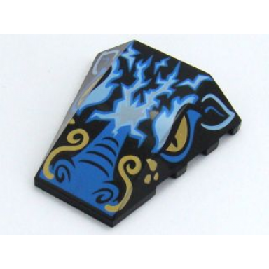 black wedge 4 x 4 triple curved no studs with blue dragon nose and eyelids bright light orange eyes whiskers and dots bright light blue and white lightning pattern