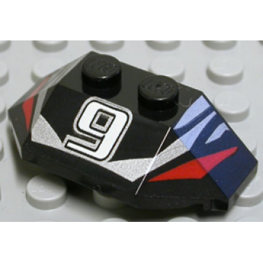 black wedge 2 x 4 triple with white number 9 and red and silver pattern