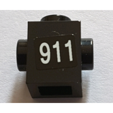 black brick modified 1 x 1 with studs on 2 sides opposite with white 911 pattern sticker - set 71016